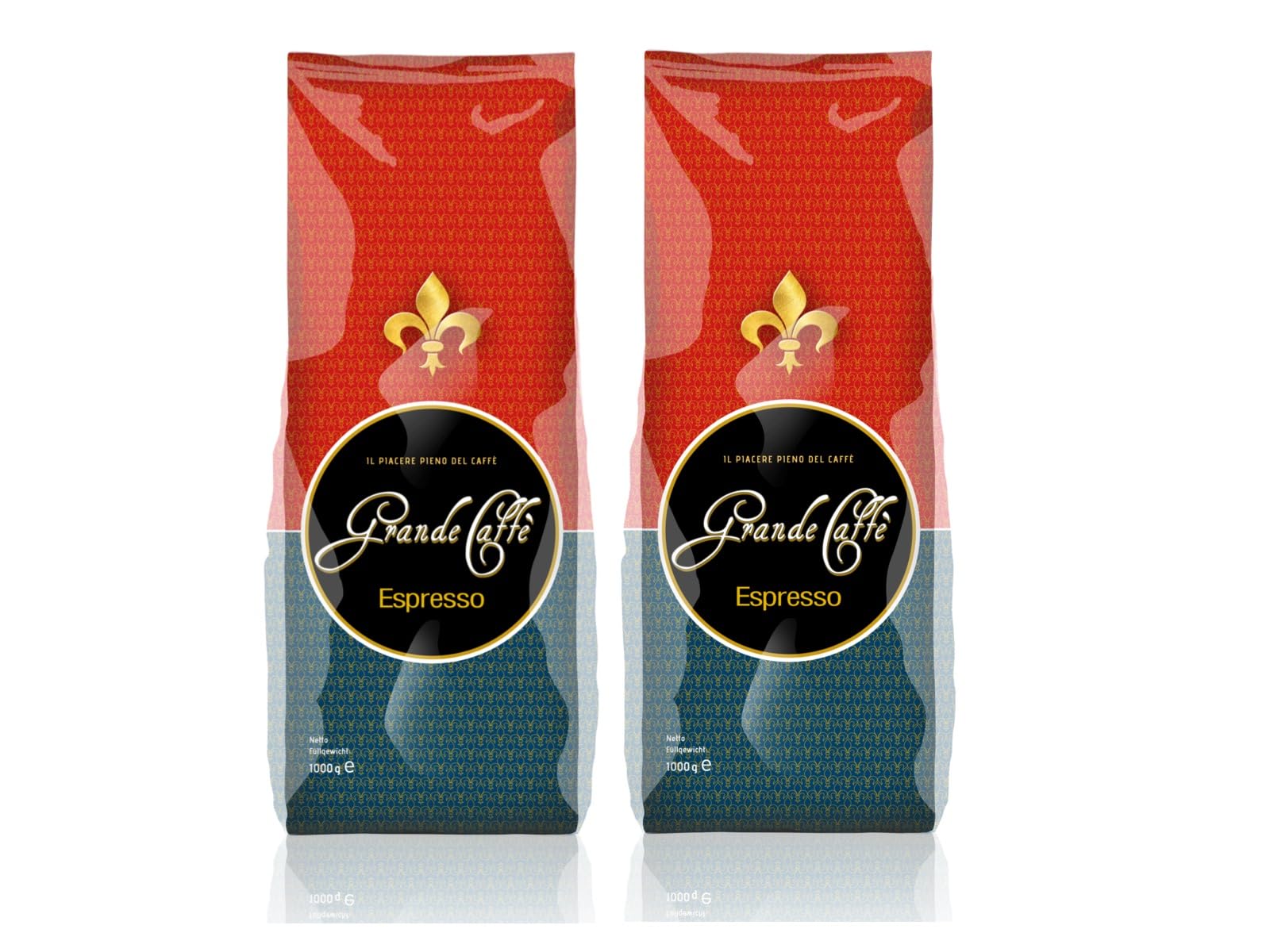 Grande Caffe Espresso Kaffeebohnen, ganze Bohnen, 80% Arabica 20% Robusta, Dunkle Röstung, 1000g, 2er Set, würzig-nussiges Aroma, traditionelle Trommelröstung
