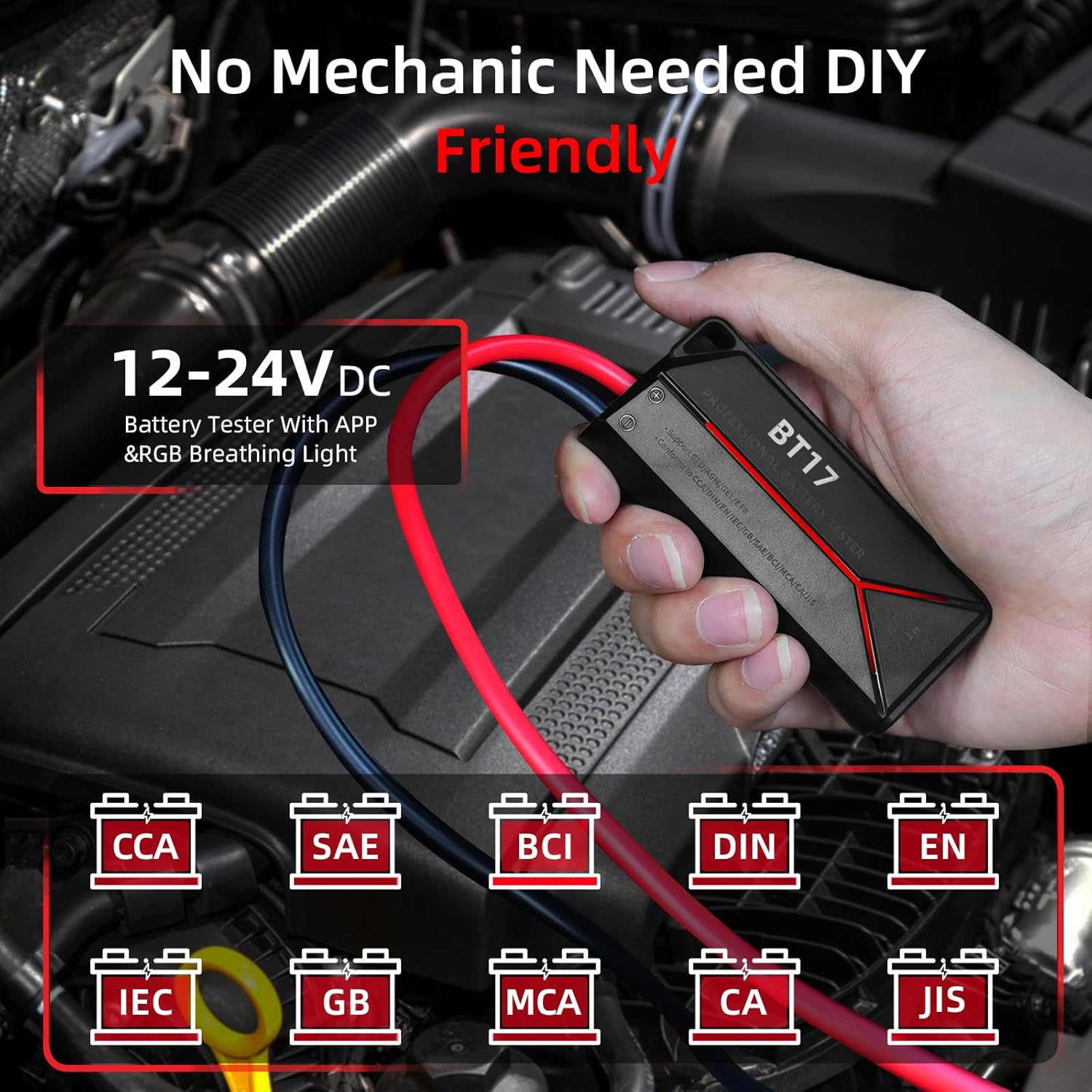 Professional 12V-24V Battery Tester, Precise Battery Testing, Internal Resistance/SOH/SOC, Wireless APP, 25 Languages, 12V-24V Batteries, CCA/DIN/EN/IEC/GB/SAE/BCI/MCA/CA/JIS