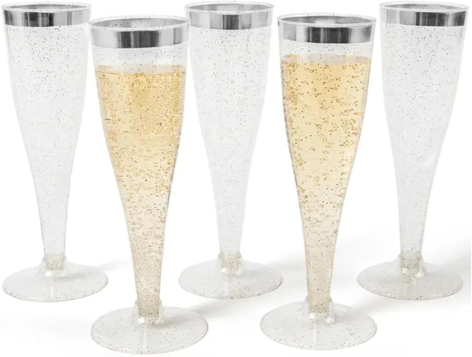 50 Count Disposable Plastic Champagne Flutes | 4.5 Oz Mimosa Champagne Glasses | Clear Glasses Glitter Glasses (SILVER GLITTER)
