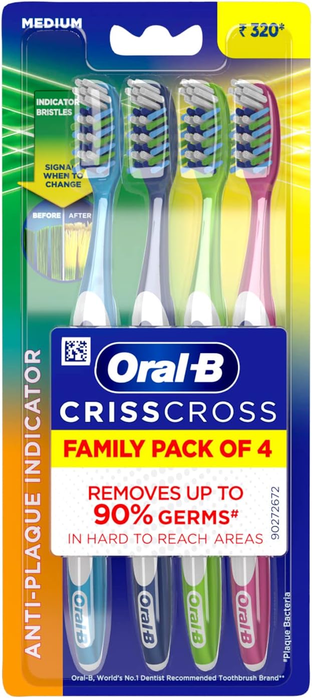 Criss Cross Deep Clean Medium Bristles Manual Toothbrush For Adults,Tongue Cleaner, Multicolour Tooth Brush Set, Oral B Dentist Recommended Brand (Family Pack of 4)