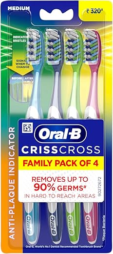 Oral B Criss Cross – Family pack of 4 toothbrushes – Medium,for adults,Manual,Multicolor