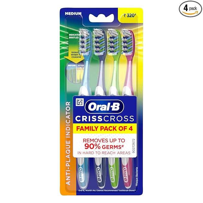 Oral B Criss Cross – Family pack of 4 toothbrushes – Medium,for adults,Manual,Multicolor at Rs. 153