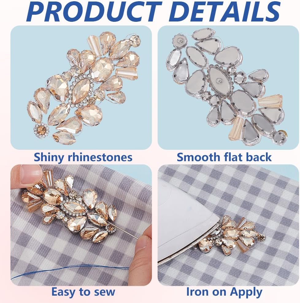 4Pcs Champagne Sparkly Flower Rhinestone Applique 3D Glass Floral Shiny Crystal Rhinestones Beaded Sew on Appliques Patches Bulk for Sewing Making Clothes Dress Gowns Bridal Wedding Costume