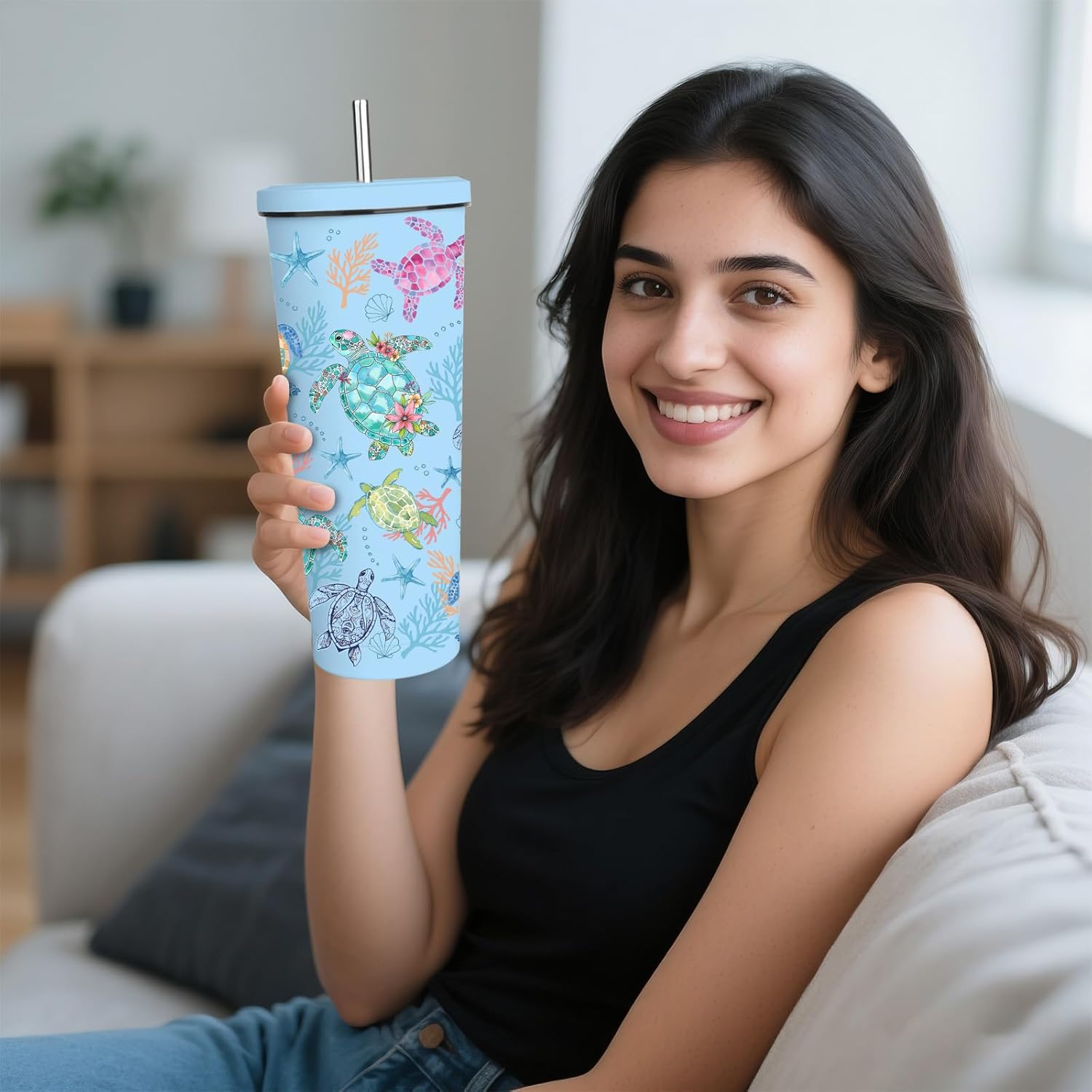 Turtle Tumbler 24oz, Classic Blue Sea Turtles Themed Gifts for Women Girls Turtles Lovers on Birthday Christmas Summer, Travel Stainless Steel Coffee Cup Double Wall Vacuum Insulated Mug - Image 2