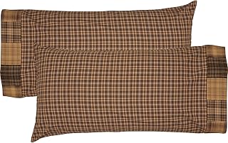 VHC Brands Prescott Block Border Plaid Cotton Rustic Patchwork Bedding Accessory, King Pillowcase Set 21x40