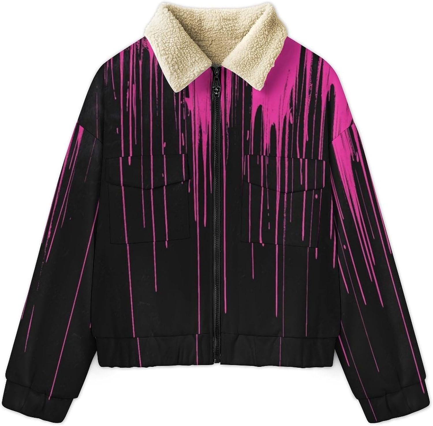 Women's Full Zip Soft Polar Fleece Jacket, Dripping Paint Printed Outdoor Coat, Long Sleeve Comfortable Outerwear