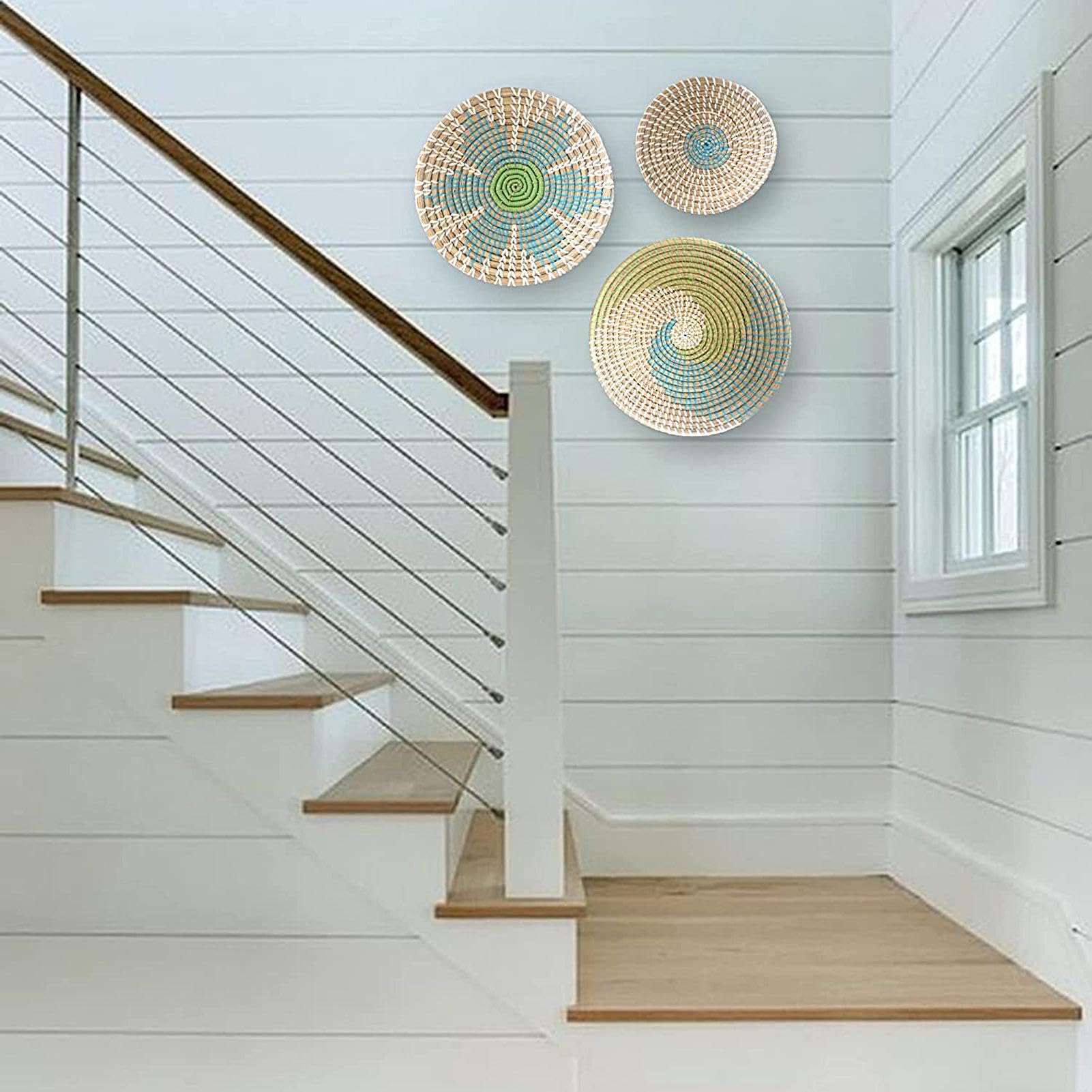 3 Stück Boho Wandkorb Dekoration Runde Seegras Geflochtene Körbe Natürliches Boho Hängekorb Geometrisches Design Böhmische Hängende Dekorationen Für Wohnzimmer, Büro, Schlafzimmer
