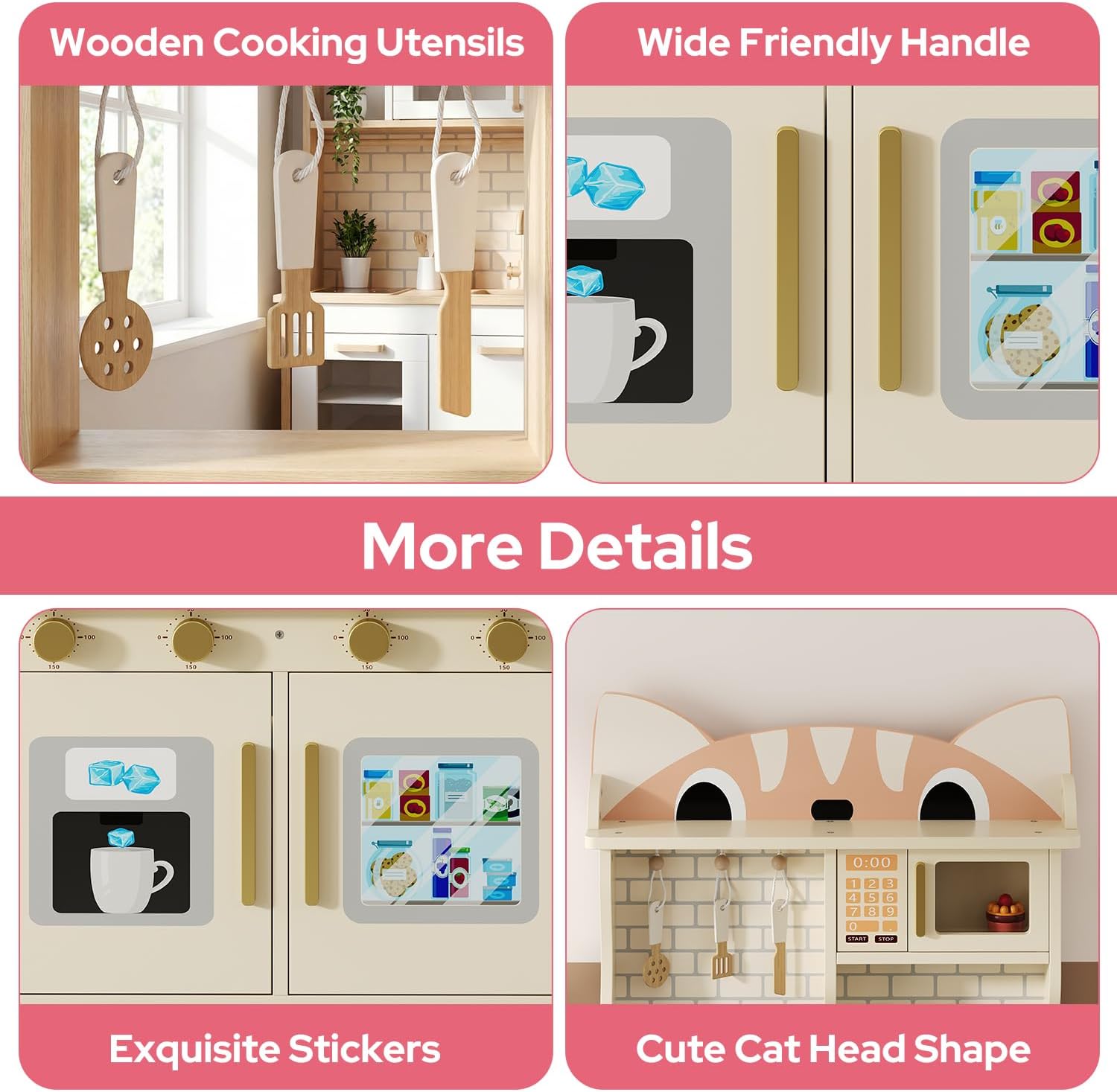 Wooden Play Kitchen for Ages 3-8 Babies, Cat Design Kitchen Playset with Microwave, Stove, Sink, Clicking Knobs, Kids Children Pretend Toy for Boys Girls, White