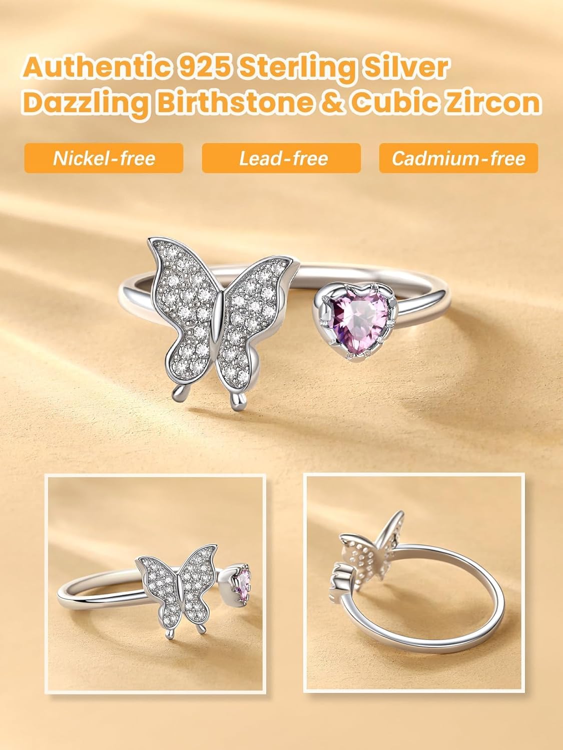 Bestyle Sterling Silver Butterfly Birthstone Rings for Women, Dainty Butterfly Stackable Ring Adjustable Ideal Valentine's Birthstone Gifts for Her - Image 3