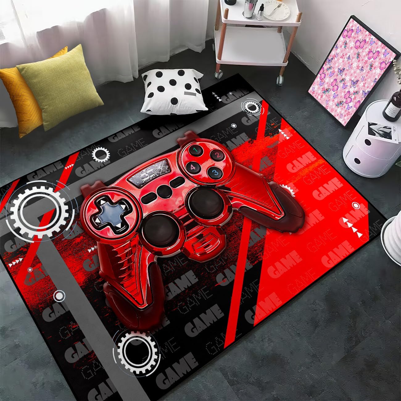 Gamer Rugs for Bedroom Boys Teens 3D Printed Red Game Gamepad Carpets Living Room Mat Home Decor Gaming Controller Black Crystal Floor Polyester Decor Doormats, 59"x39" Gp1-a-11 5' x 3' (Rectangular)