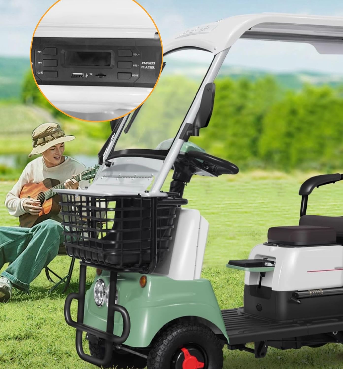 2-Seater Golf Cart with Bluetooth Radio, Adjustable Seats, Reinforced Front Basket & Rear Safety Handrail for Golf Courses, Camping, and Neighborhood Use(Lithium battery-650W+60V30AH)