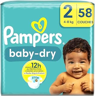 Pampers Baby-Dry, Size 2, 58 Nappies, 4-8 kg, Up to 100% Leak-Free Night with Stop & Protect Pocket on the Back of the Nappy