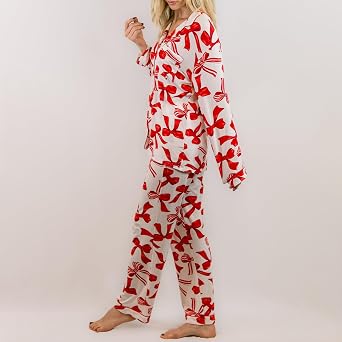 SOOKABEILA Women Y2k Pajama Set 2 Piece Print Lounge Sets Long Sleeve Button Shirt Elastic Pants Sleepwear Matching Sets