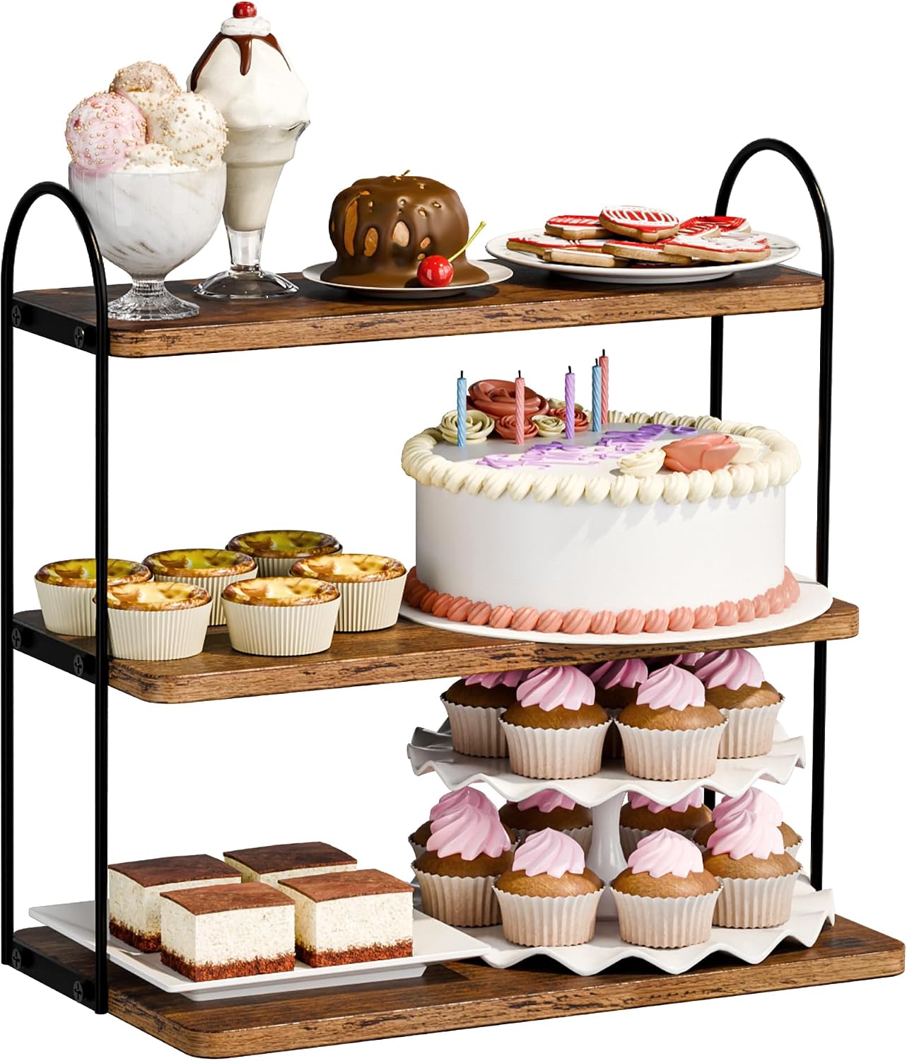 KLM 3-Tier Cupcake Stand, Wood and Metal Display Riser, Cupcake Holder Rustic Brown, Tiered Serving Stand for Wedding Birthday Graduation Party Decor