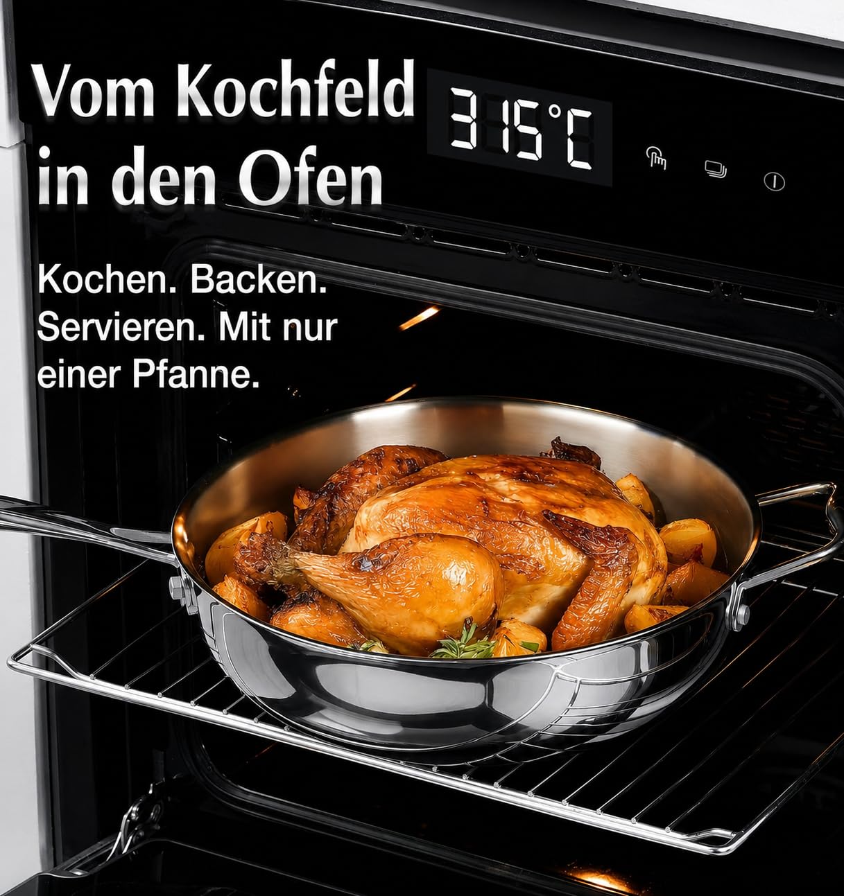 KOCH SYSTEME CS Edelstahl-Sauteuse mit Deckel 30 cm, tiefe Bratpfanne mit 3-Lagige Edelstahlpfanne, 18/10 Edelstahl-Kochfläche, zwei Griffe, induktionsgeeignet, backofen- und spülmaschinengeeignet