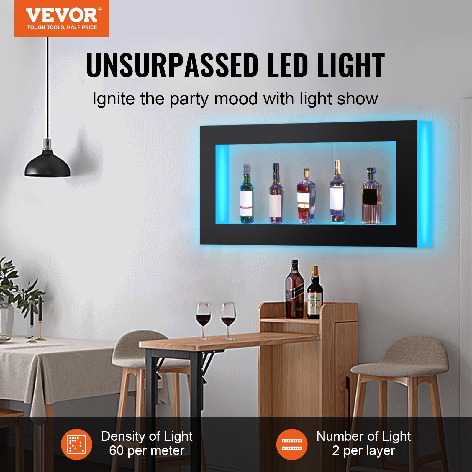 VEVOR LED Lighted Liquor Bottle Display Shelf, Square 48 Inches, Supports USB,Illuminated Home Bar Shelf w/RF Remote & App Control 7 Static Colors 1-4 H Timing, Acrylic Wall-Mounted Shelf
