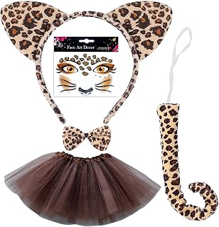 Cheetah Costume Set for Kids Girls Leopard Ears Headband Tail Bowtie Tutu Skirt and Leopard Face Stickers for Halloween Animals Cosplay Set