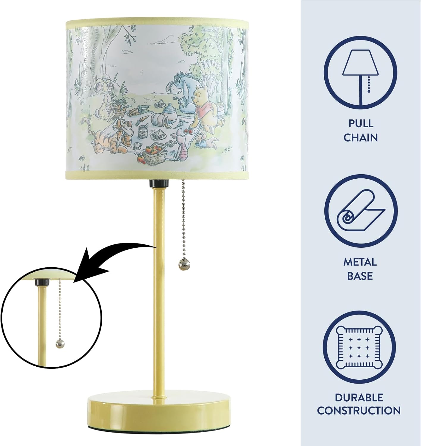Idea Nuova Table Lamp for Kids, Stick Lamp with Printed Shade & Pull Chain, Bedroom or Nursery Nightstand Lighting,Winnie The Pooh