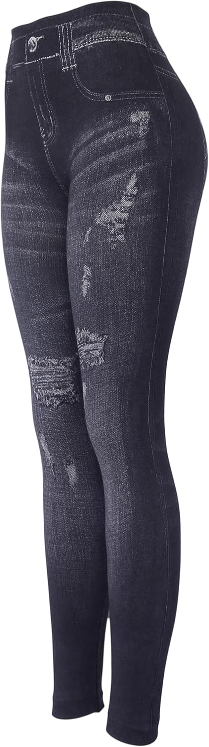 KMystic Women's High Waist Denim Print Jean Look Leggings - Image 2