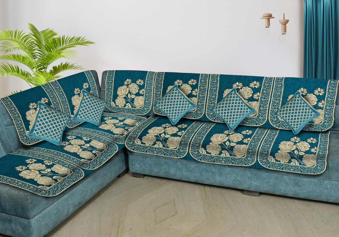 dazzling decor velvet l shape flower design 6 seater sofa cover with 5 cushions | anti-slip sofa protector covers | sofa slipcovers for living room - sky blue
