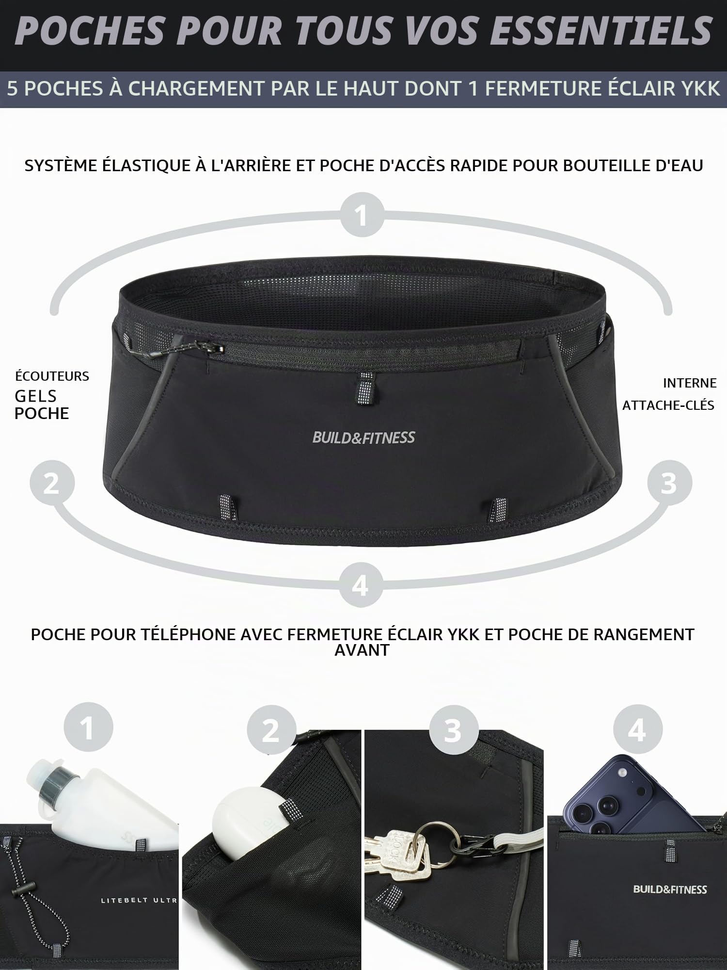 Ceinture de Running zippée Build & Fitness LITEBELT Ultra – Légère et réfléchissante. Porte-téléphone zippé YKK, 5 Poches à Chargement par Le Haut pour gels, Bouteille d'eau et Porte-clés