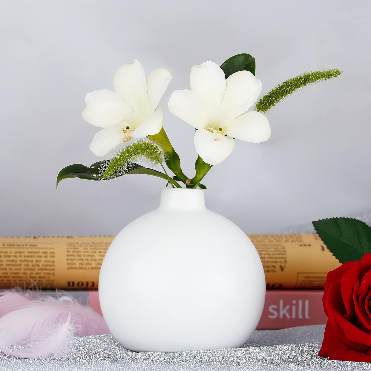 Ceramic Vase Small White Vase- Flower Vases for Home Decor, Dry Flower Vases for Modern Farmhouse, Living Room Decoration, Table Décor, Bookshelf, Mantle, Entryway (White) - Image 3