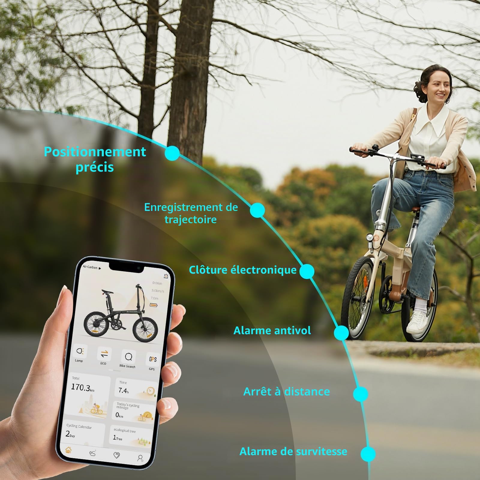 Vélo électrique Pliable ADO AirCarbon 20″ pour Adultes, Ultra Léger 14,5 kg, Transmission par Courroie, Mmoteur Bafang, Modes ECO et Sport, GPS, LCD, Application, Autonomie Jusqu'à 100 km