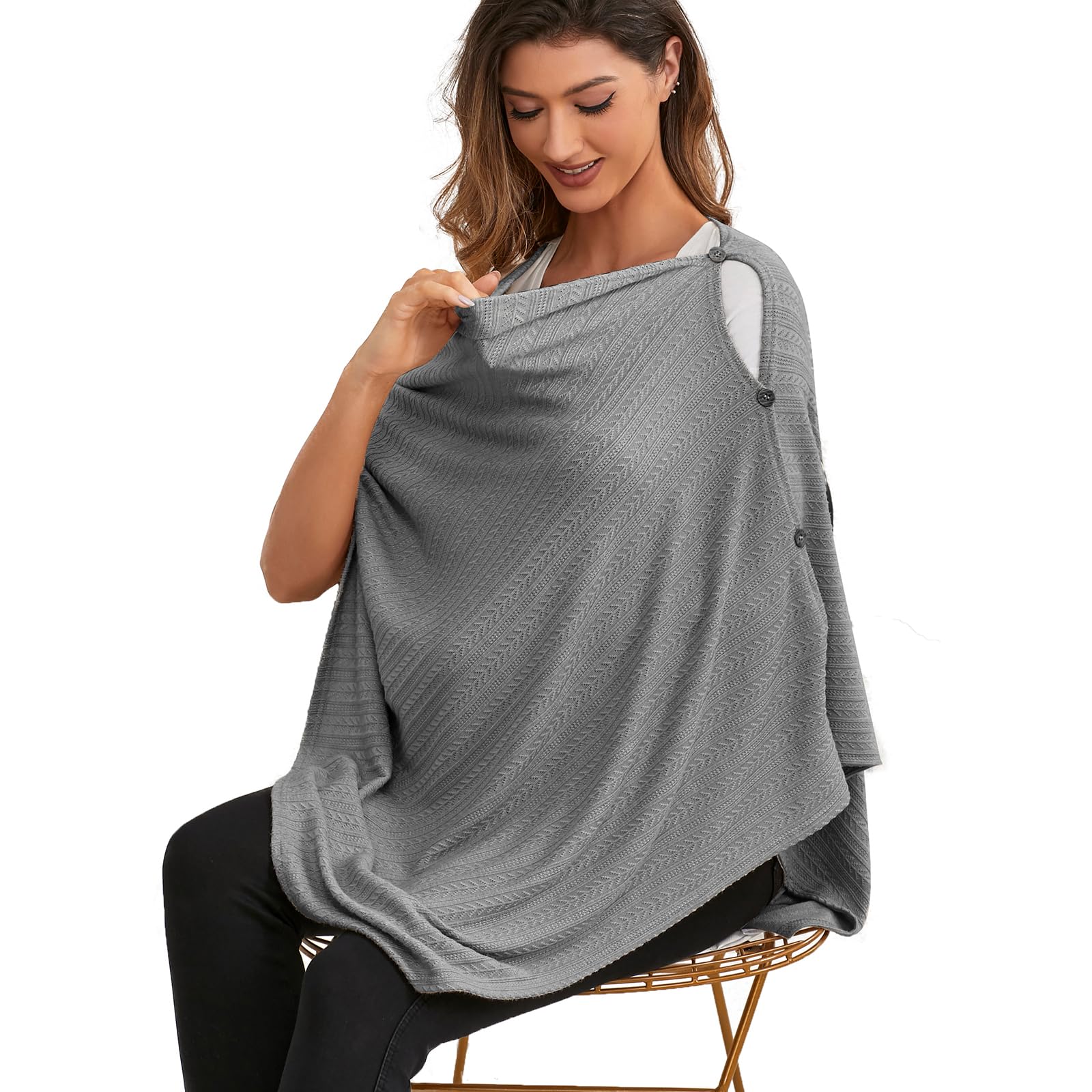 Funda de lactancia para lactancia del bebé, cubierta de lactancia de punto, manta cálida y acogedora, transpirable y suave, cuello ancho con elástico para una fácil visión (gris)