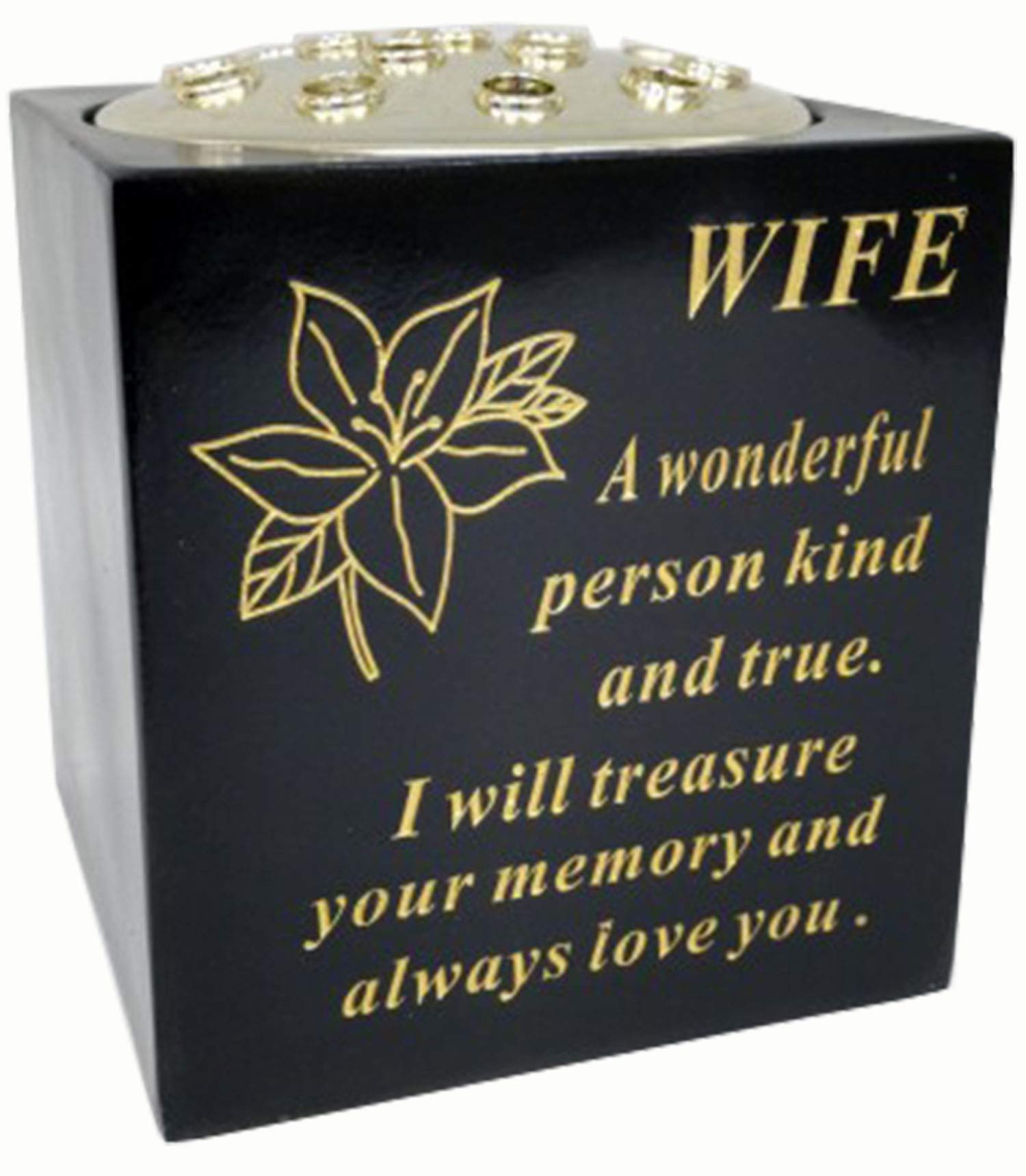 David Fischhoff Wife Memorial Black Rose Bowl With Gold Wording Graveside Flower Vase (Black & Gold - Lily, )