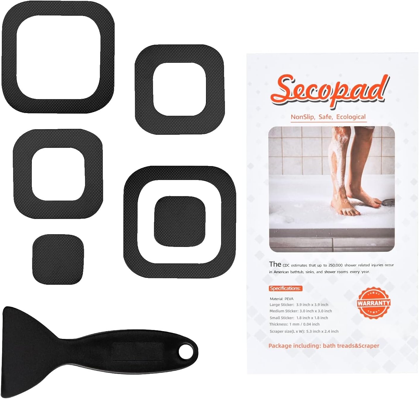 Secopad Square Non Slip Bathtub Stickers with Scraper, 24PCS, Black | Original Large Anti-Slip Treads, Comfortable PEVA Material, Strong Adhesive, Easy to Use, For Bath Tubs, Showers & Stairs