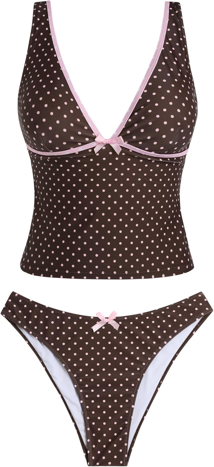 ZAFUL Women's Tankini Swimsuits V Neck Tummy Control Bow Color Block Two Piece Swimsuit Bathing Suit