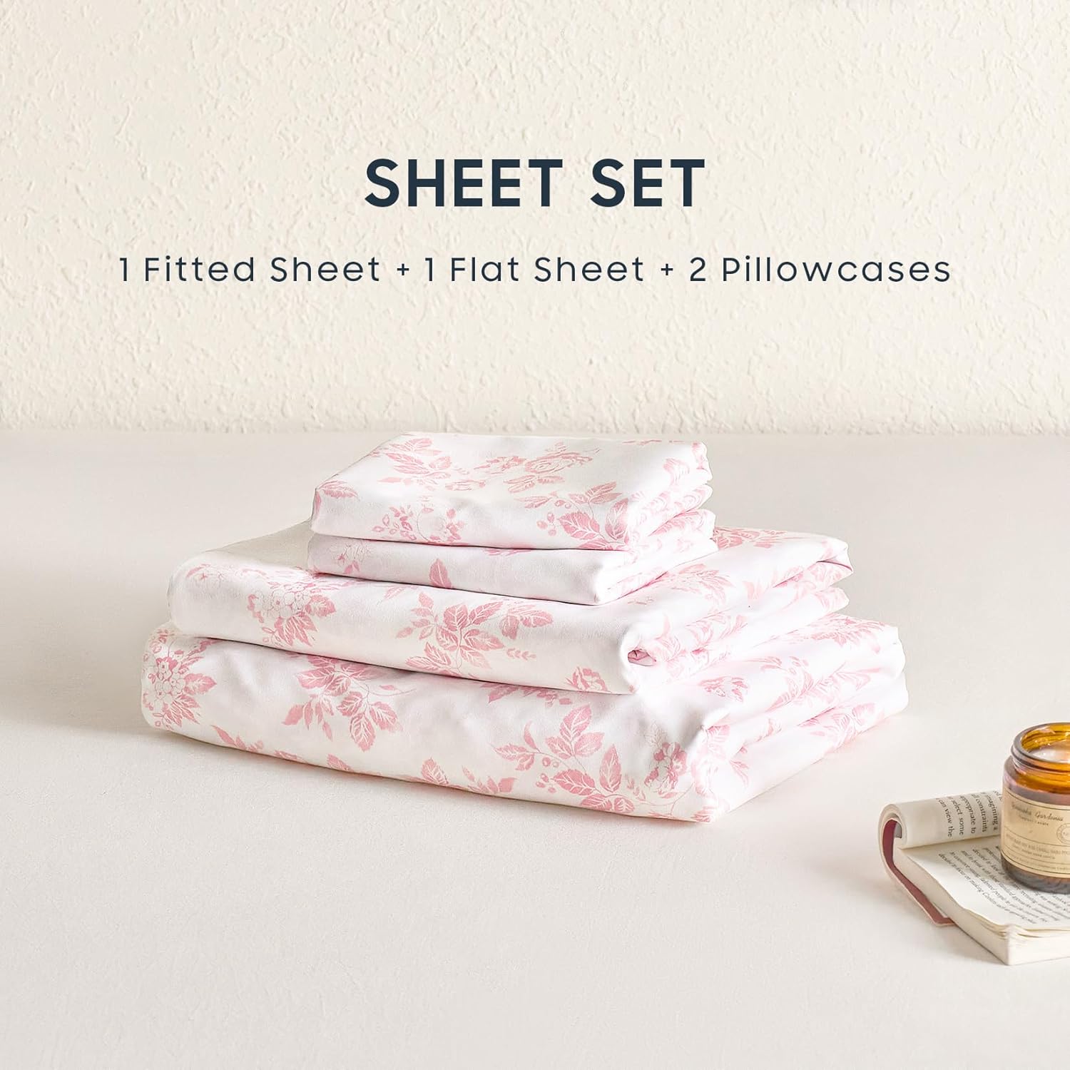 Wake In Cloud - Floral Bed Sheets, 4-Piece Sheet Set, Shabby Chic Botanical Coquette Cottagecore Vintage Flower Pattern Printed Bedding, Deep Pocket, Pink, Queen Size