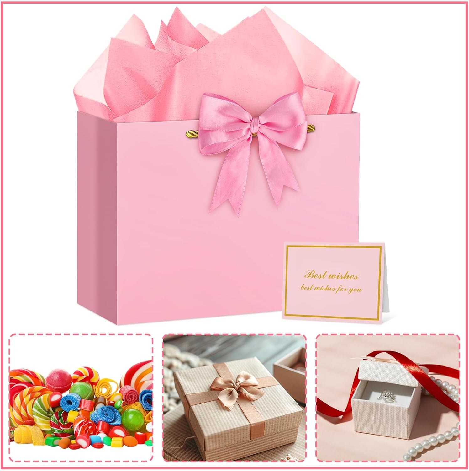 Hooqict Pink Gift Bag Large Birthday Gift Bags with Handles, 1 Ribbon, 4 Tissue Paper, 2 Greeting Cards for Women Girls Anniversary Wedding Baby Shower Valentines Galentines Mothers Day Presents