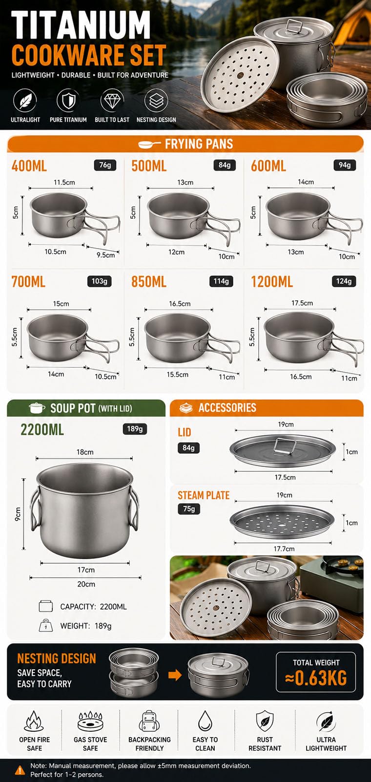 Titan Camping Kochgeschirr Set ohne Beschichtung, stapelbarer Kochtopf mit Deckel, Dampfeinsatz,Griffen für Camping, Wandern, Trekking und Angeln,9 piece