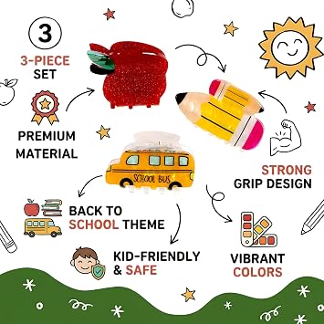Back to School Hair Clips 3 PCS Funny Claw Set Pencil Apple School Bus Shapes Accessories for Teacher Student Outfits Cute Teacher Gifts