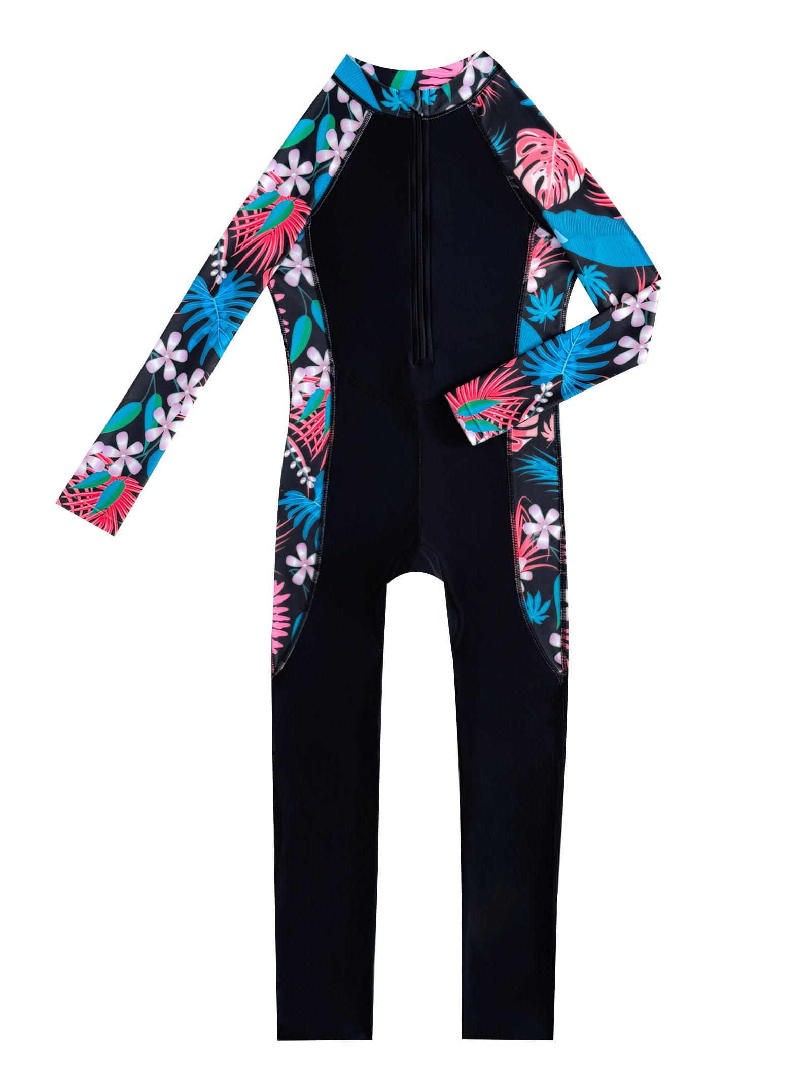 IMEKIS Maillot de bain une pièce pour fille - Manches longues - Imprimé floral - Fermeture éclair - UPF 50+ - Maillot de bain modeste pour sports nautiques