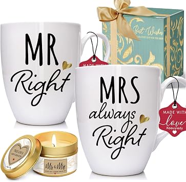 Mr Right Mrs Always Right Coffee Mugs Gifts for Couples, Wedding Anniversary, Engagement Gift for His & Hers, Bride & Groom, Parents, Newlyweds Bridal Shower Gifts Mugs Set & Lavender Candle