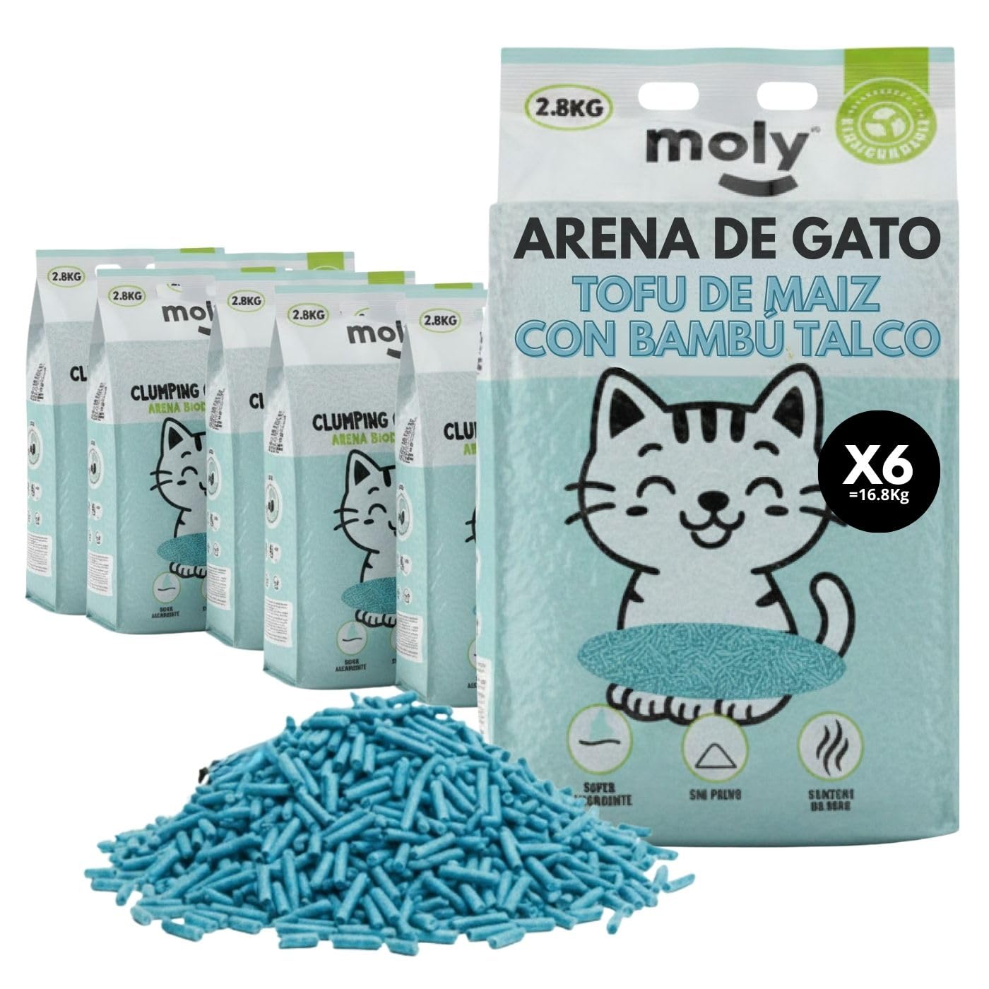 MOLY x6 Arena de Gatos Tofu de Maiz y Bambu 16,8 KG 22,2 L | Arena Biodegradable y Aglomerante Alta Absorcion con Aroma de Talco | Control Total de Olores | Sin Polvo | Lecho Mineral