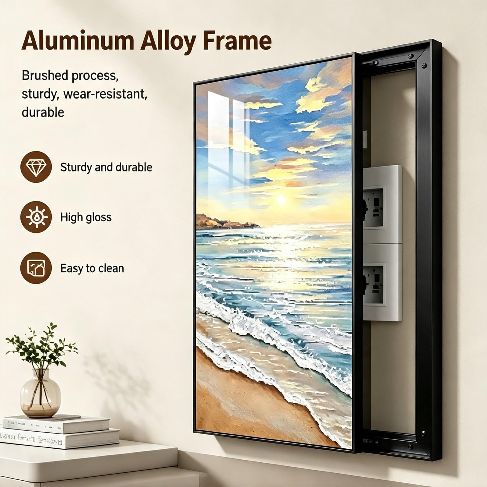 Copri Quadro Elettrico Decorativo, Cornice in Alluminio, Copri Contatore | Design Scorrevole Sul Lato Sinistro, Grafica a Tema Sole e Spiaggia, per Scatole Interruttori e Scatole Portafusibili(60x120)