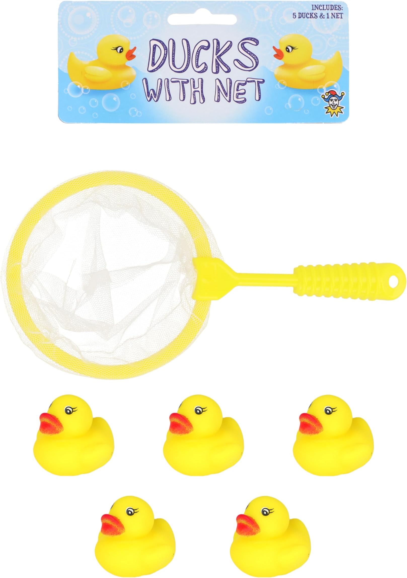 Mini Ducks with Net Bath Time Single Pack 6-Piece Game Set with 5 Ducks + 1 Net Kids Yellow Rubber Duck Toys Summer Fun Paddling Pool Games Bathtub Play for Boys and Girls