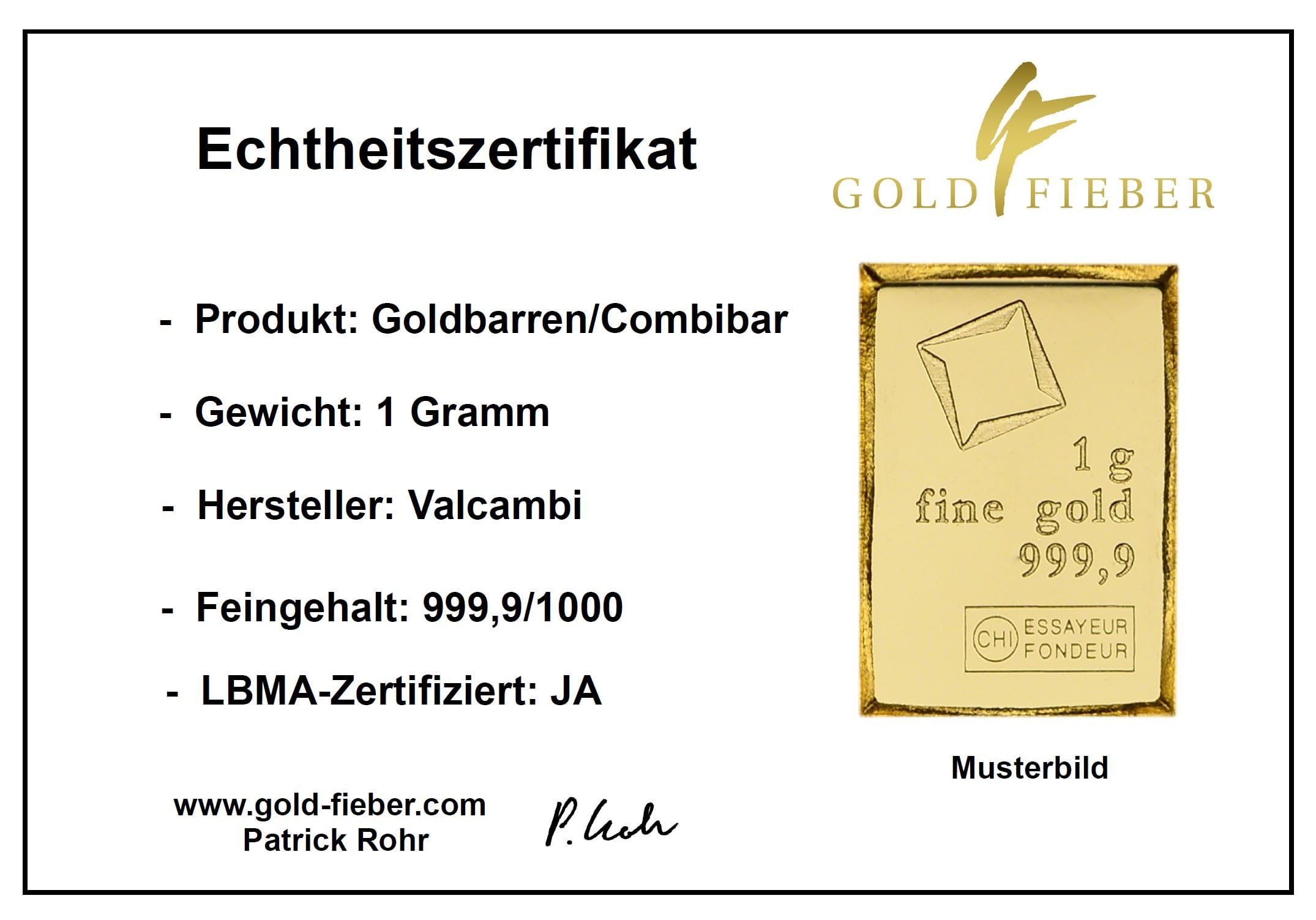1 Gramm Goldbarren Valcambi Suisse in Münzdose + Echtheitszertifikat - Feingold 999.9/1000-1g Gold - Prägefrisch - LBMA