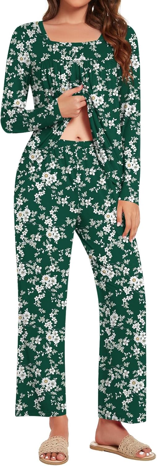 Anydeer Women Pajamas Set Long Sleeve Casual 2 Piece Pleated Pjs Nightwear Pants With Pocket - Image 2