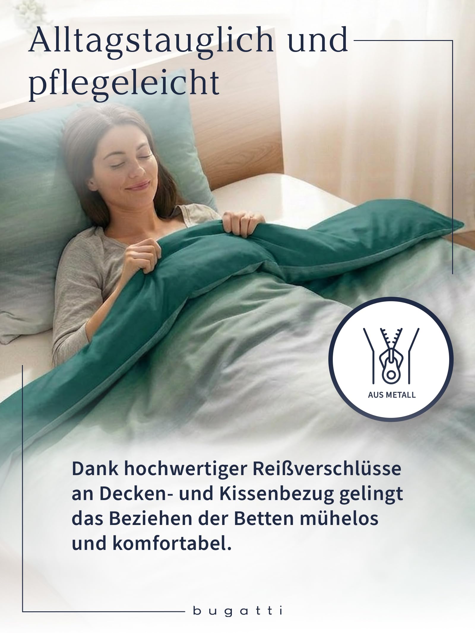 bugatti Bettwäsche 135 x 200 cm - 100% Baumwolle, Reißverschluss, anschmiegsam, weich & waschbar, Mako Satinbettwäsche gestreift grün grau