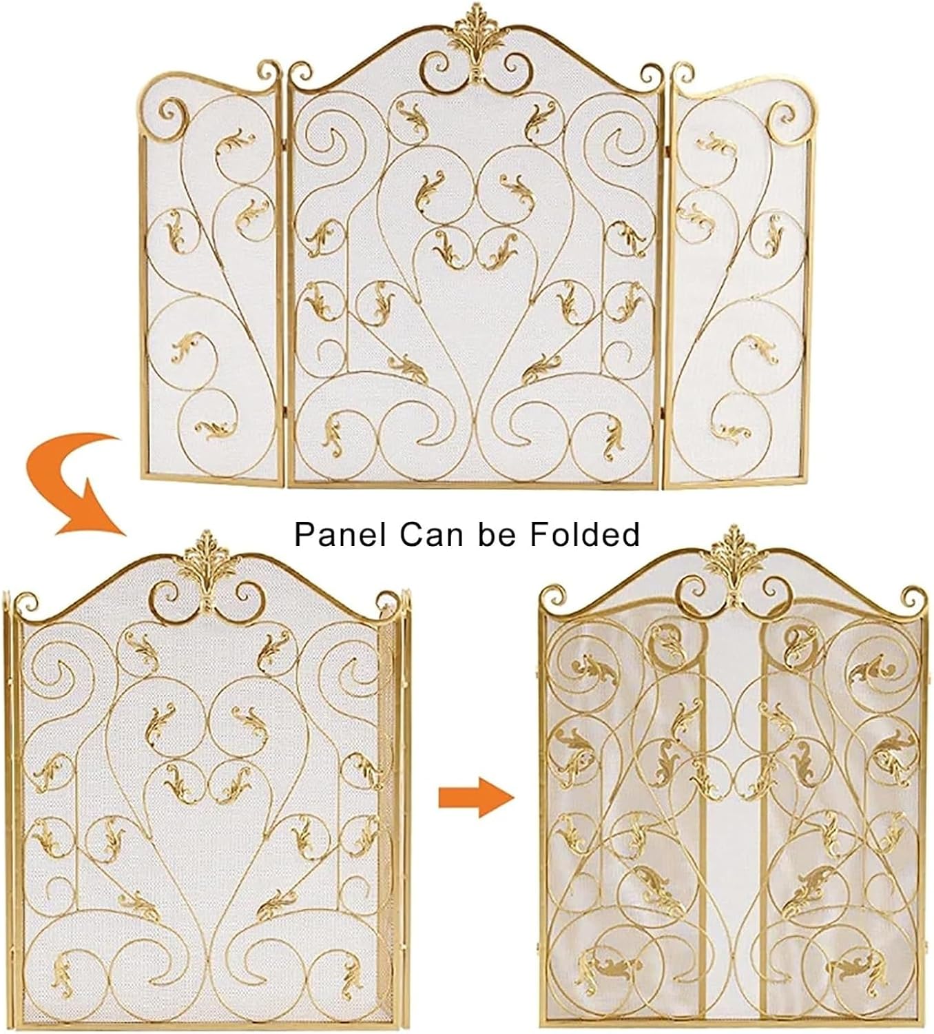 JKGHK Iron Fireplace Screen, Metal Arched 3 Panel Fireplace Cover Stand Alone, Foldable Fire Guard Spark Cover, Home Decoration Fireplace Doors, Protective Mesh Barrier(Brass,32x24in)