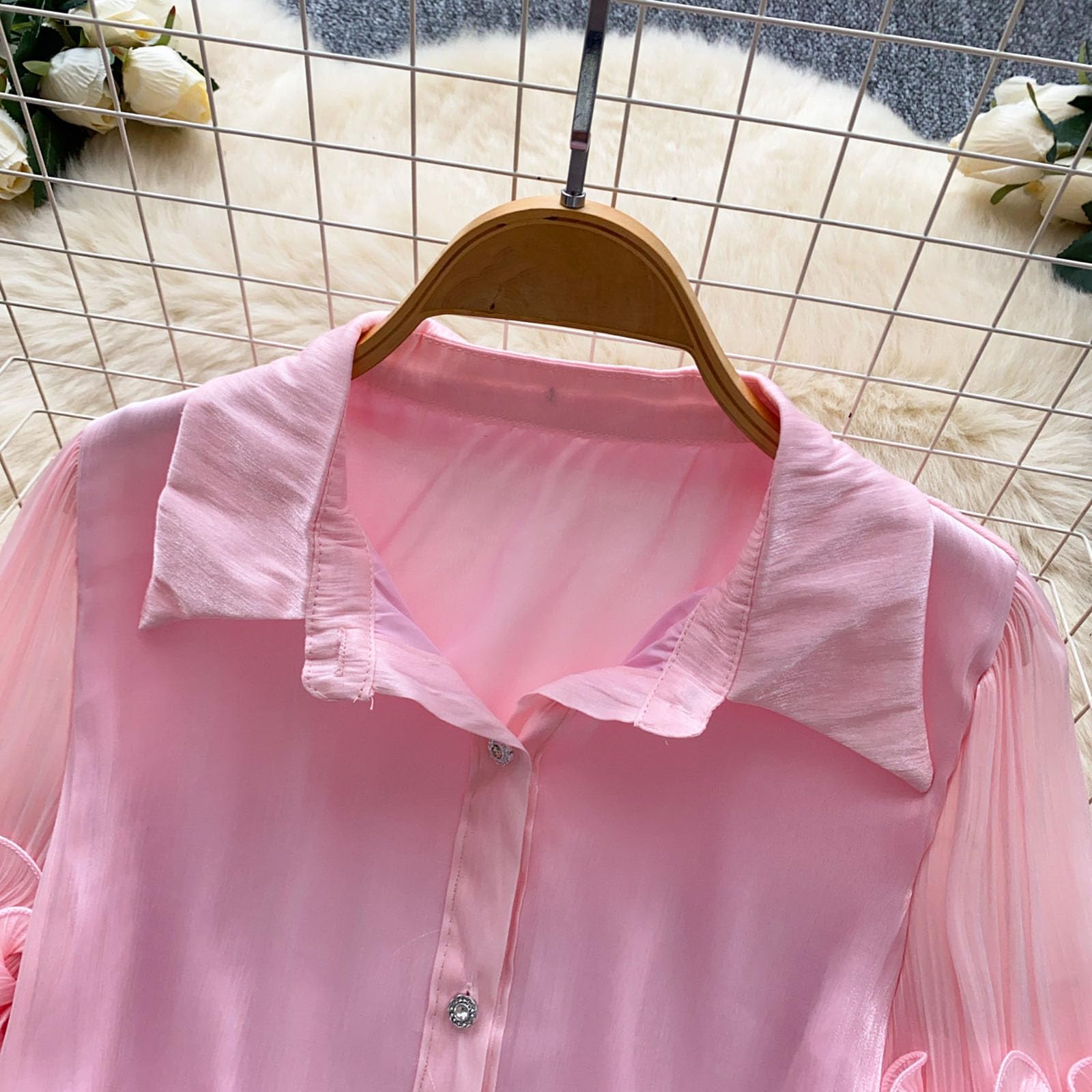 Camicia da Donna con Bottoni, Balza, Maniche Lunghe a Strati, Camicie Eleganti da Lavoro, Blusa Elegante