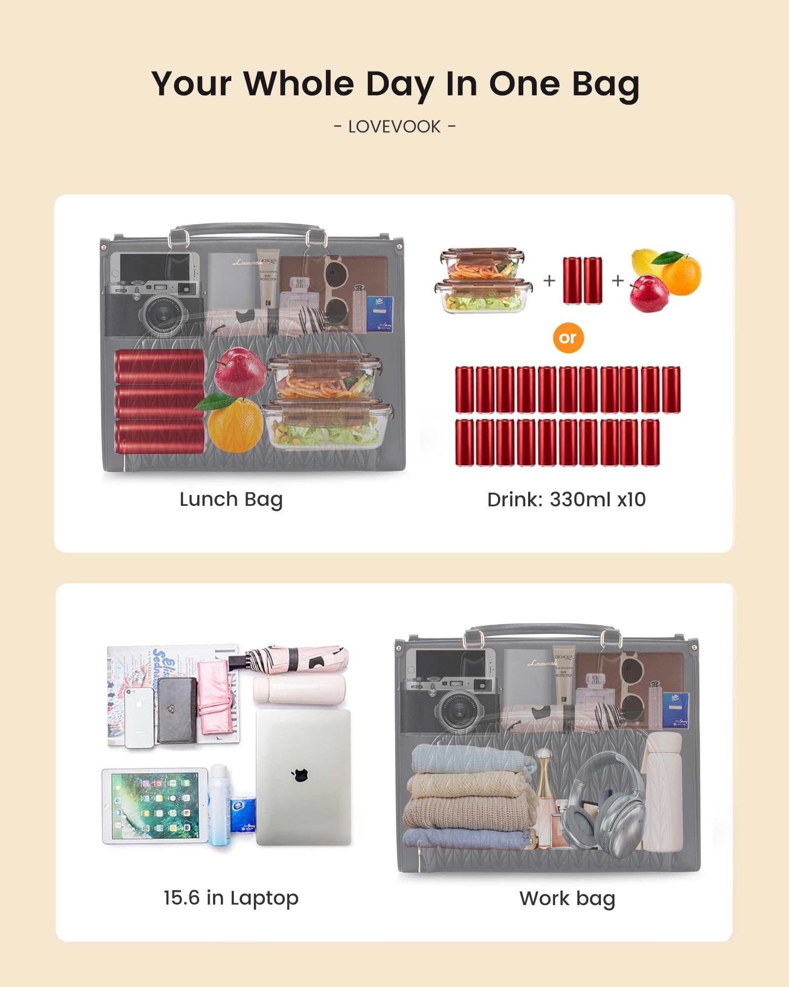 LOVEVOOK Borsa da lavoro da donna con scomparto frigo isolato, borsa media, 15,6 pollici, in pelle, grande borsa per insegnanti, borsa per il pranzo, per scuola, università, ufficio, business