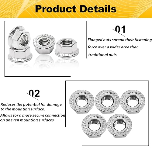 Miniatura 5 de Mriuuod Tuercas hexagonales de brida dentada M10, tuercas hexagonales M10-0.059 pulgadas, acero inoxidable 304, cierres de tuercas métricas, tuerca
