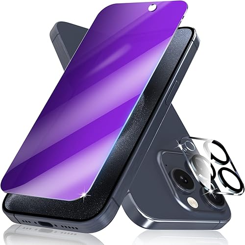 Protector de pantalla de privacidad para iPhone 15 Pro con protector de lente de cámara, anti espía antiluz azul, película de vidrio templado mate
