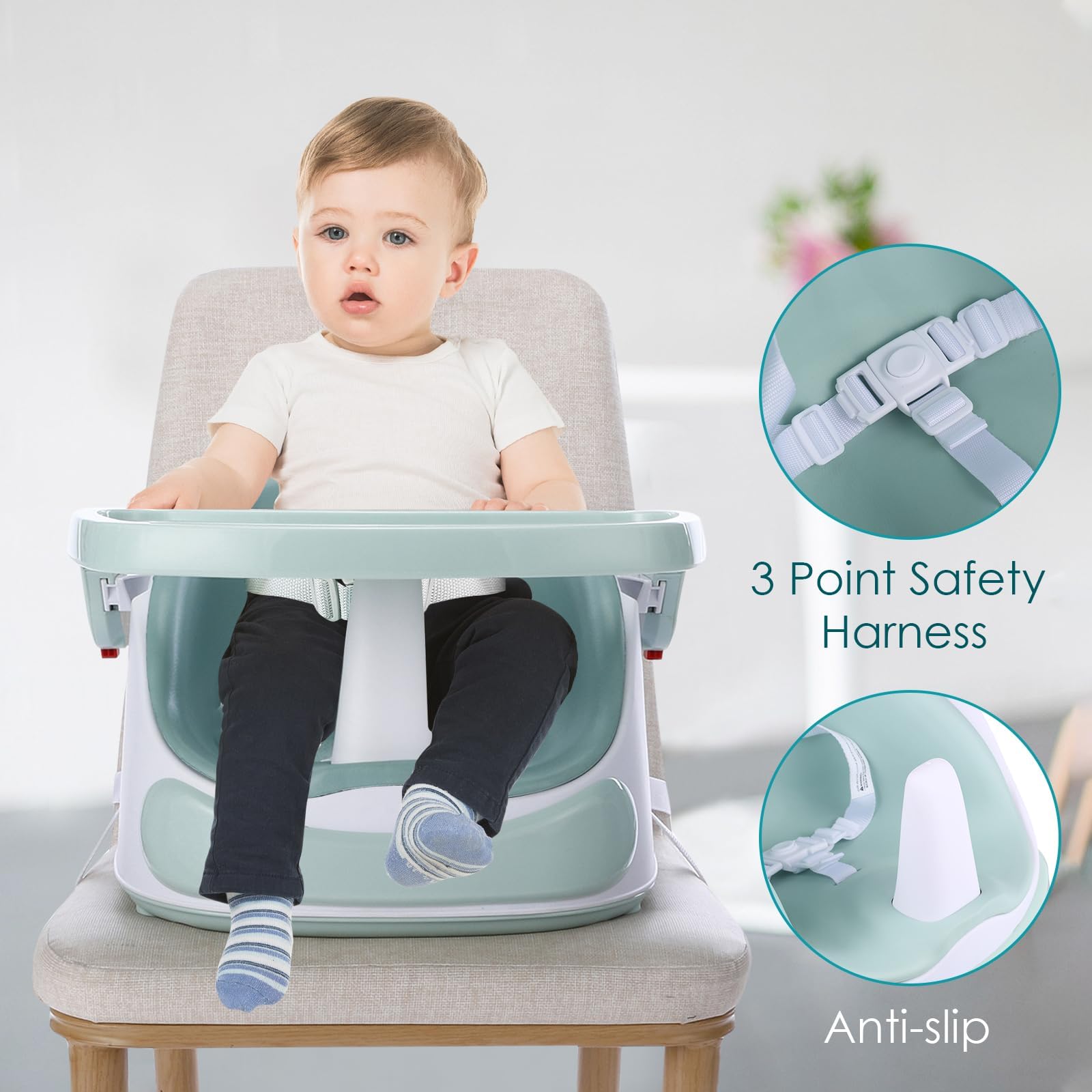 Kindersitzerhöhung,Baby Booster Sitz mit Extra-Großem Tablett, Sicherer & Leichter Tischsitz für Kinder, Baby Sitzhilfe, Einfach zu Reinigen, Weiß (40x47x30 cm)