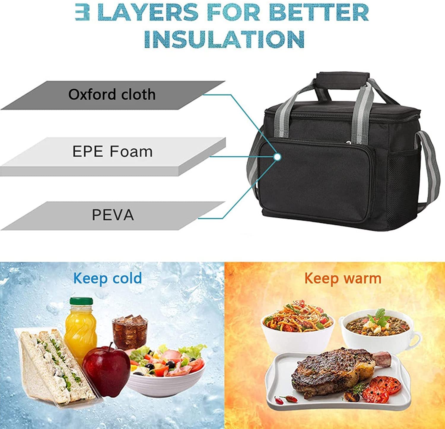 Bolsa de almuerzo plegable con aislamiento, ligera, portátil, bolsa de almuerzo reutilizable con correa ajustable para el hombro, 2 bolsillos laterales de malla para viajes de camping en la playa